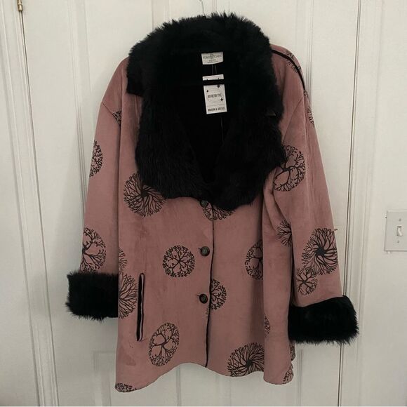 Robert Kitchen Jackets & Blazers - Robert Kitchen Tree of Life Print Fur Trimmed Coat Jacket Womens Size XXL